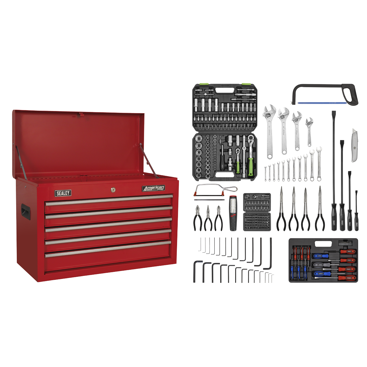Sealey AP225COMBO Topchest 5 Drawer with Ball-Bearing Slides - Red & 230pc Tool Kit