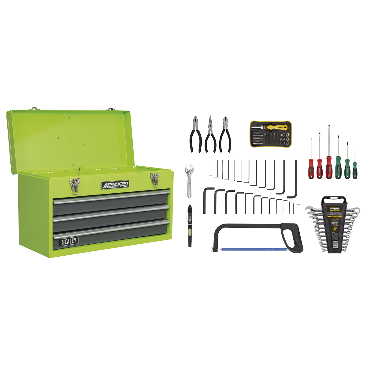 Sealey AP9243BBHVCOM Portable Tool Chest 3 Drawer with Ball-Bearing Slides - Hi-Vis & 93pc Tool Kit